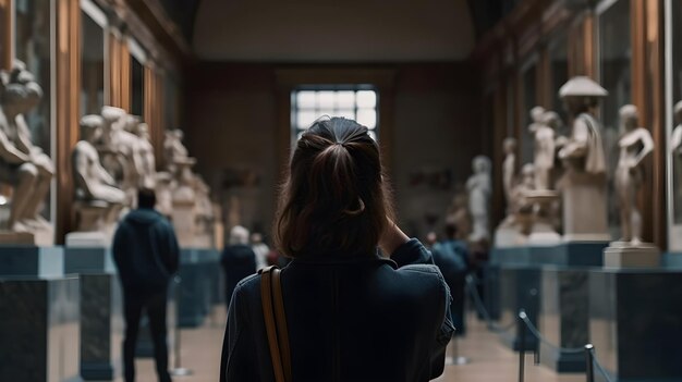 Photo backview of a woman in an art gallery