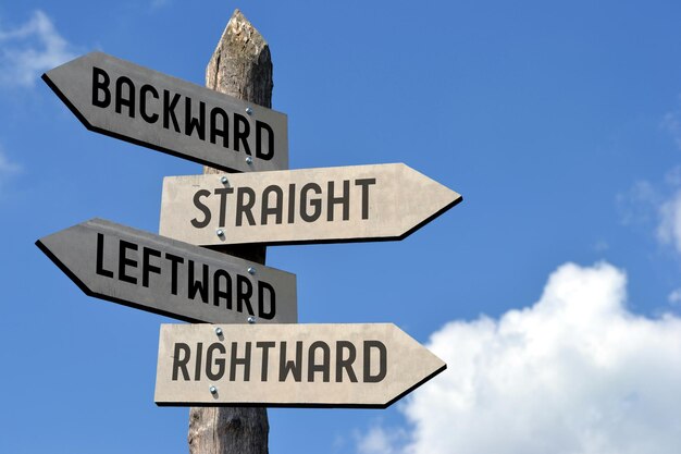 Backward straight leftward rightward wooden signpost