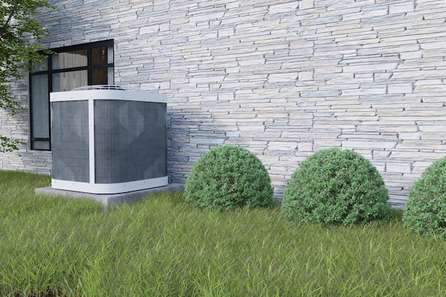 backyard air conditioner outdoor unit with bushes and window 3d