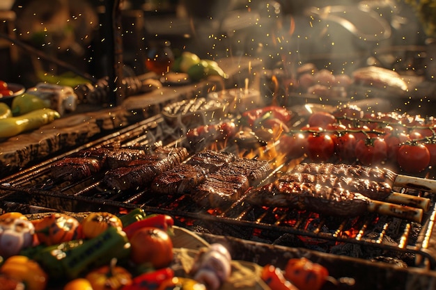 A backyard barbecue with a variety of meats and ve