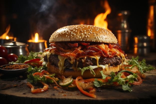 Backyard BBQ vibes juicy burger grilled to perfection adorned with flames