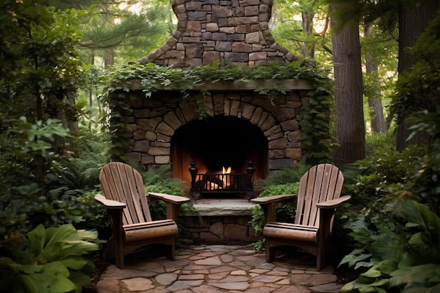 Photo backyard fireplace wood chairs generate ai