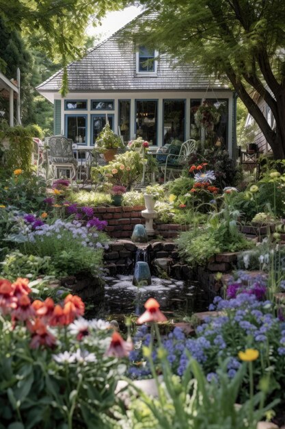 Backyard garden oasis with flowers vegetables and a fountain created with generative ai