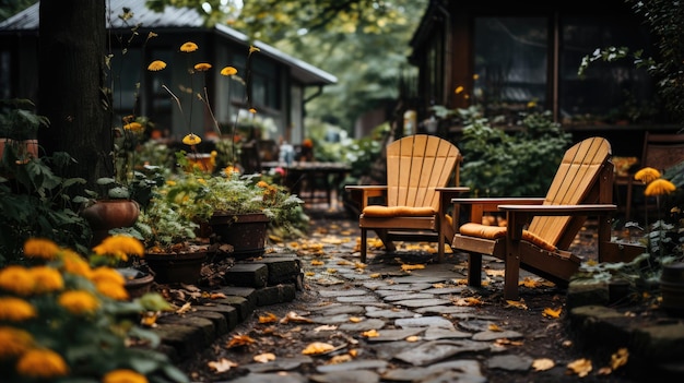 Foto terrazza del giardino del cortile posteriore con accogliente sedia di legno piena di fiori e piante verdi area ombreggiata un posto per sedersi e rilassarsi