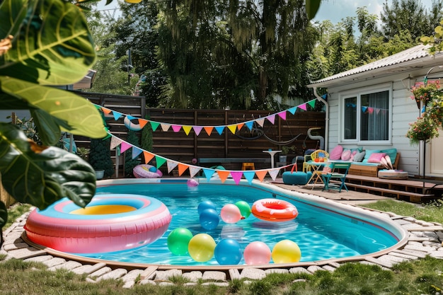 Backyard garden with a small swimming pool with inflatable toys Generative AI