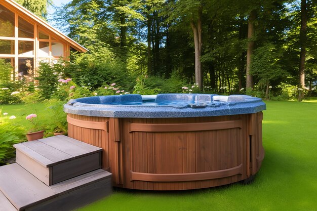 Photo backyard oasis large embedded hot tub