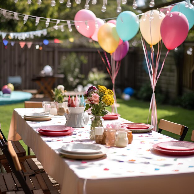 A backyard party table setting with balloons