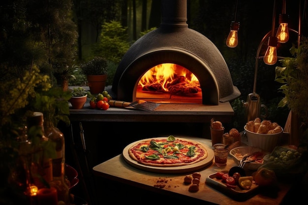 A backyard pizza oven illuminated by string lights at night