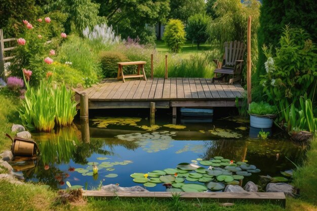 Backyard pond surrounded by garden and greenery with wooden deck for relaxing