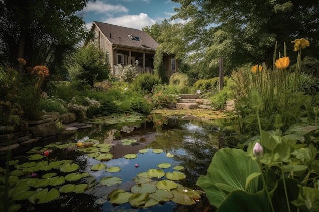 Backyard pond surrounded by lush greenery and blooming flowers
