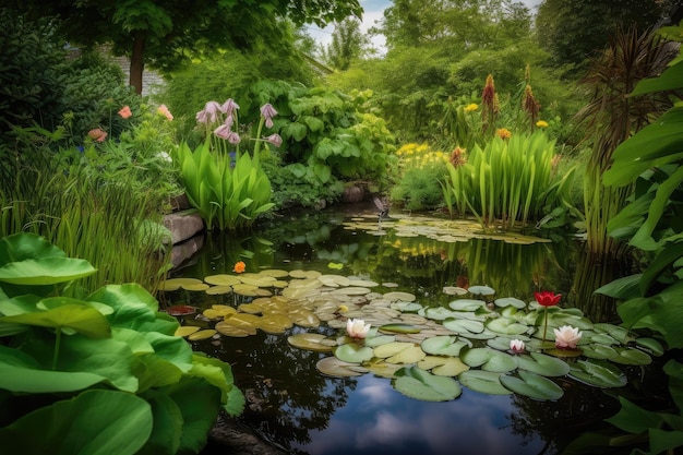 Backyard pond surrounded by lush greenery and blooming flowers