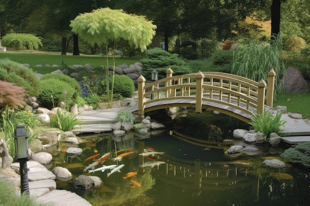 Backyard pond with decorative bridge and japanese lanterns