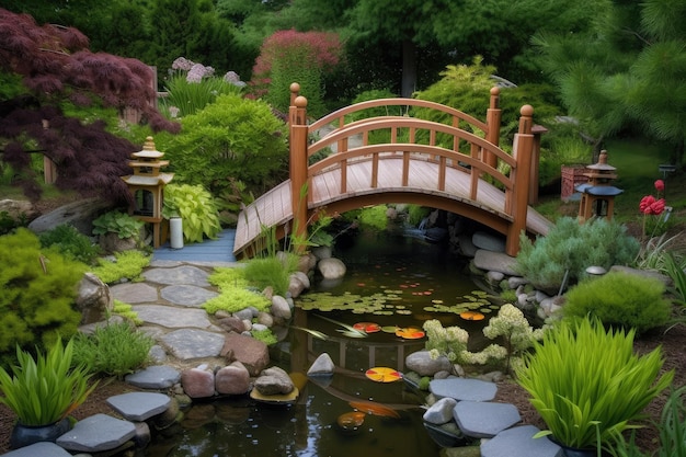 장식용 다리와 일본 등불이 있는 뒤뜰 연못