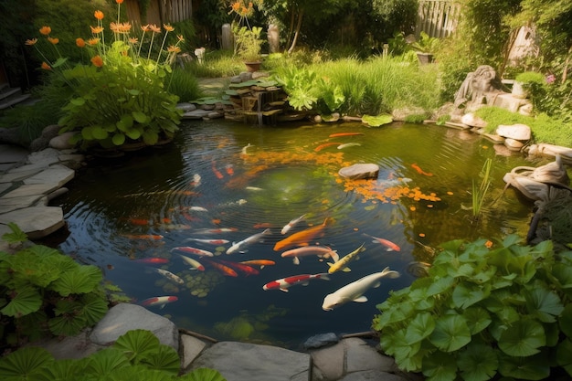 Backyard pond with koi fish swimming and water lilies blooming