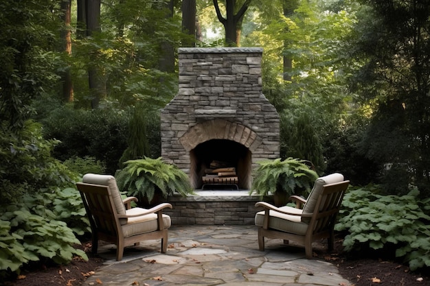 Backyard stone fireplace chairs Generate Ai