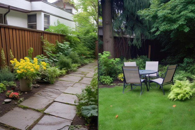 Photo backyard of a town house with path grass and furniture