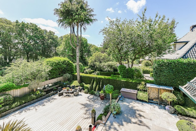 A backyard with a deck and trees and a garden