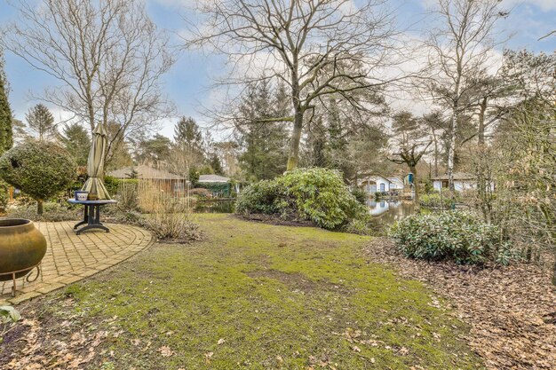 A backyard with a garden and a pond