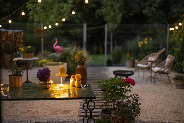 Backyard with lights at dusk