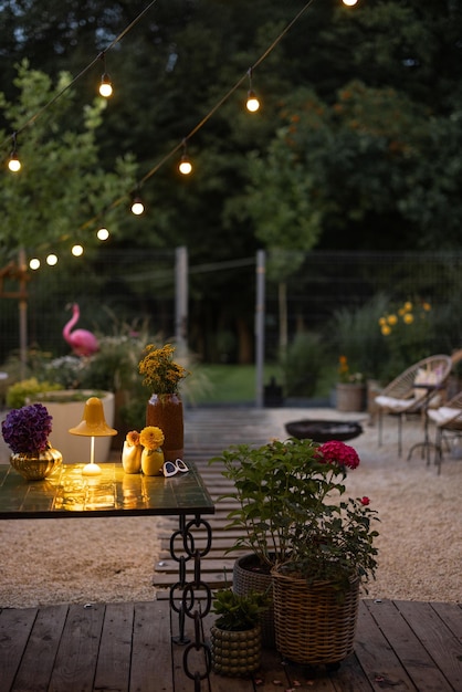 Backyard with lights at dusk