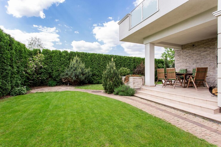 Photo a backyard with a patio and a table and chairs.