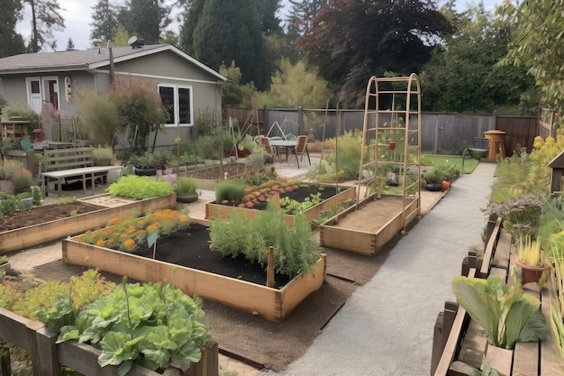 Backyard with vegetable patch flower beds and chickens in yard