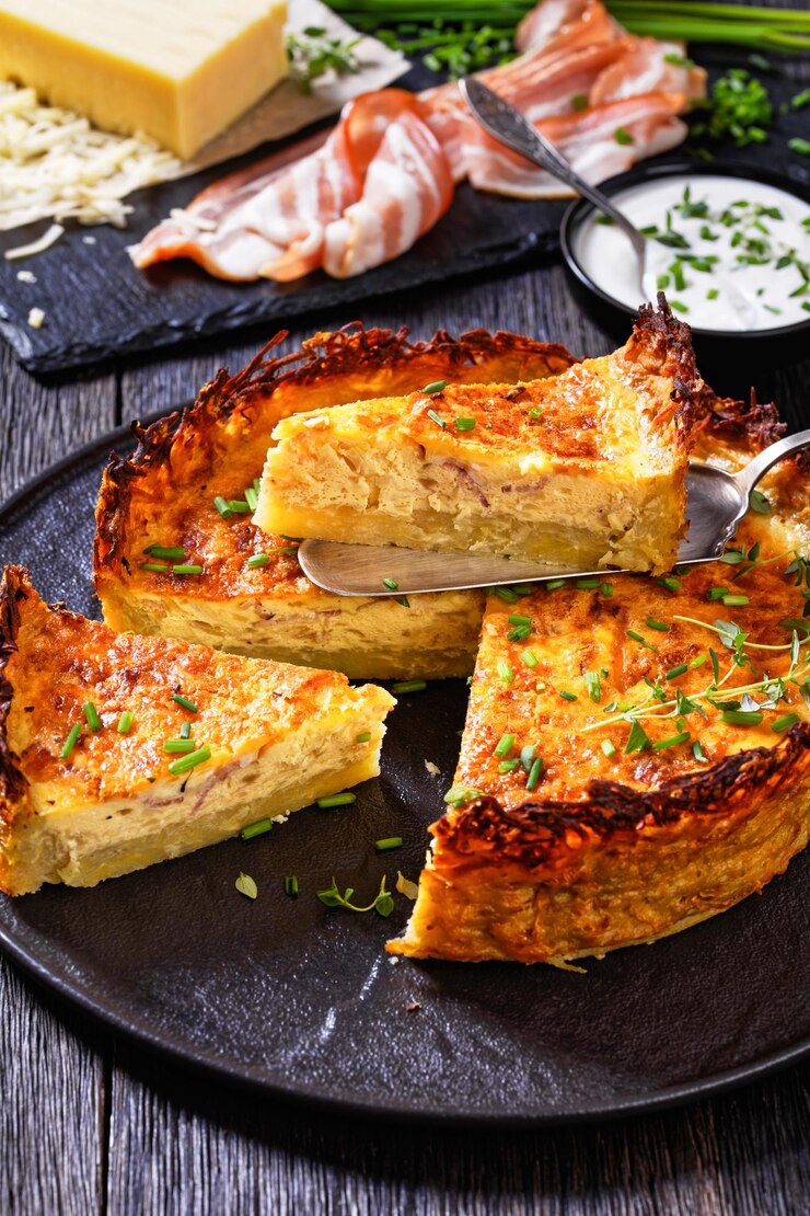 Фотография киш с беконом и сыром с корочкой из оладий