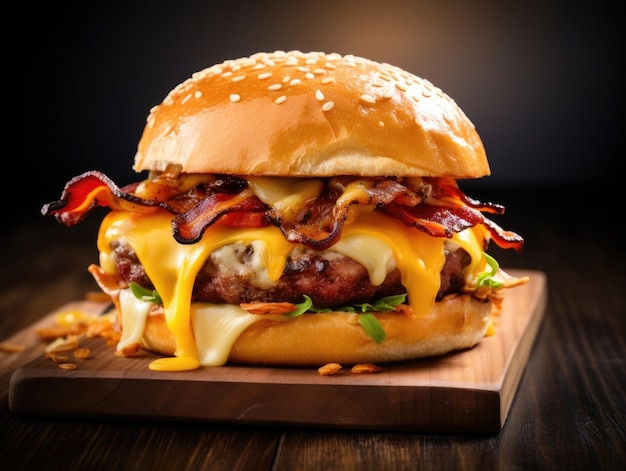 Bacon Chesseburger op donkere generatieve AI als achtergrond