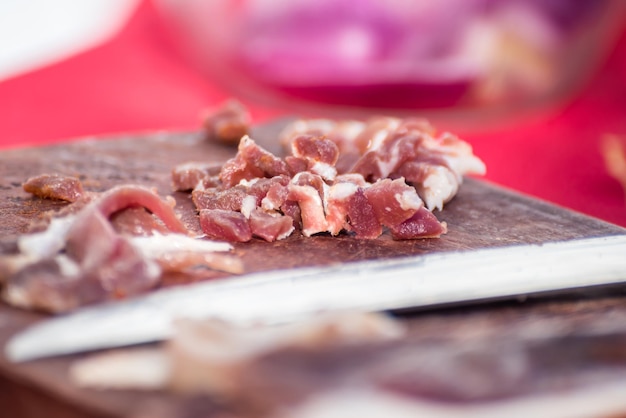 Bacon cut into pieces for preparation of homemade hamburgers