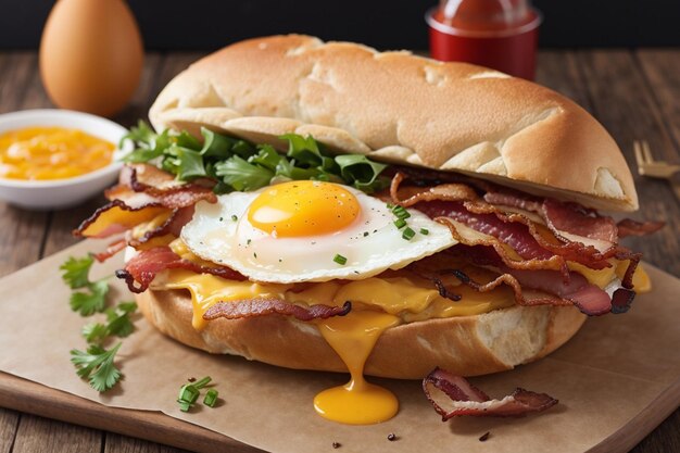 Bacon and egg burger on the wooden table