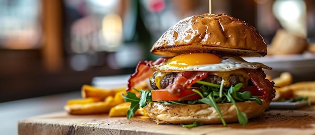 a bacon egg tomato and lettuce burger on a wooden cutting board