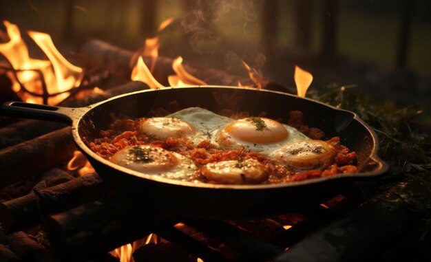 Bacon eggs breakfast on an open fire