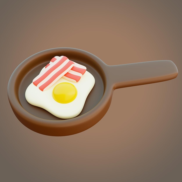 프라이팬 3D 그림에 있는 베이컨과 계란