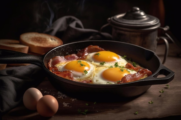 Bacon and eggs in a frying pan Traditional breakfast Generative AI