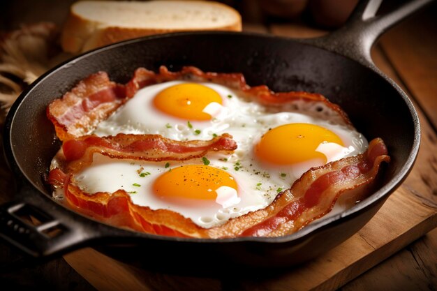 Bacon and eggs in a pan Composition with tasty fried eggs and bacon on wooden table AI Generative