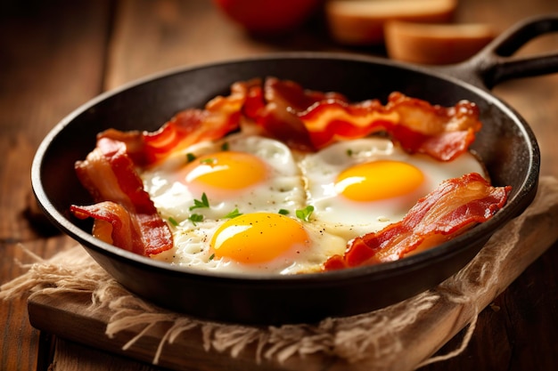 Bacon and eggs in a pan composition with tasty fried eggs and bacon on wooden table ai generative