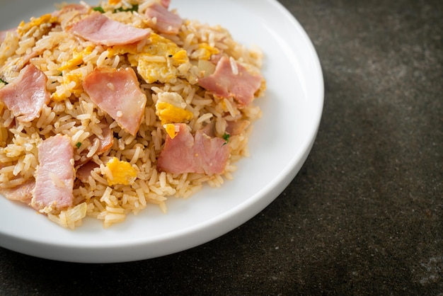 Bacon ham fried rice on plate