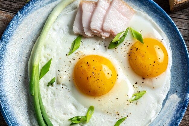 Bacon, lard, egg breakfast in plate