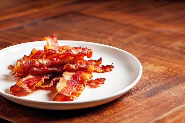 Bacon on a plate on a wooden table