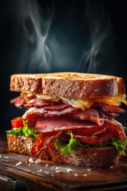 A bacon sandwich with a black background