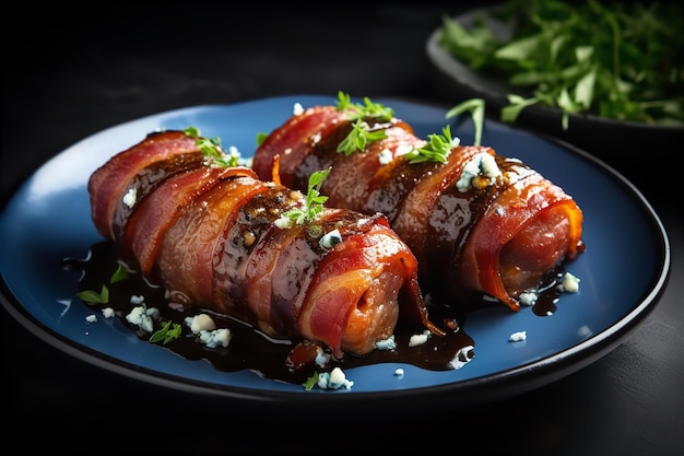 Photo bacon wrapped dates with blue cheese for christmas dinner on the wooden table