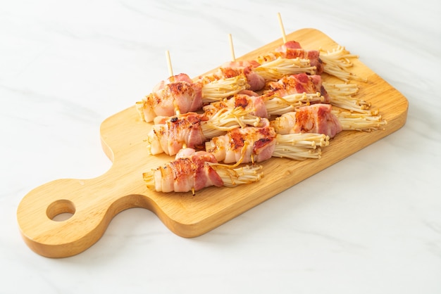 Bacon Wrapped Golden Needle Mushroom Skewers