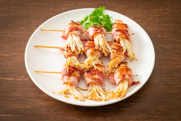 Bacon Wrapped Golden Needle Mushroom Skewers