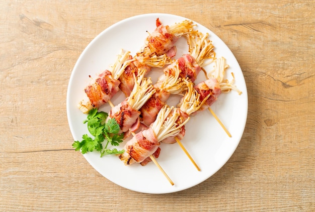 Bacon Wrapped Golden Needle Mushroom Skewers