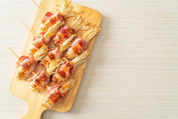 Bacon Wrapped Golden Needle Mushroom Skewers