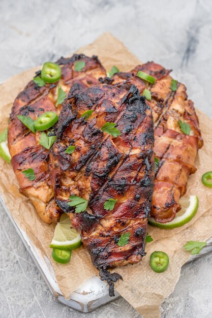 Bacon wrapped grilled chicken breast