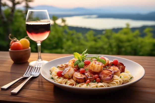 Bacon Wrapped Scallops with Pasta and Drink for Lunch on the Wooden Table and Outdoor Background