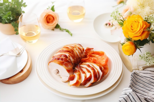 Bacon Wrapped Turkey with Drink for Family Lunch at Home on the White Table with Homy Background