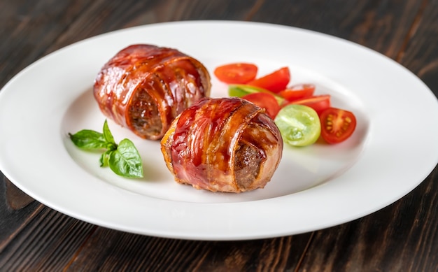 Bacon wrappped meatballs with mozzarella filling