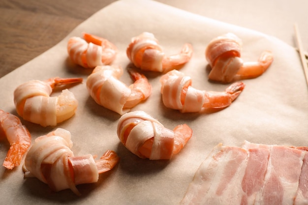 Baconwrapped garnalen op tafel close-up